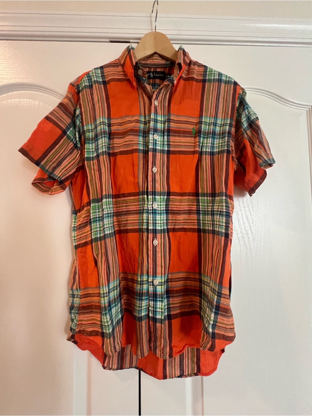 Ralph Lauren Orange Plaid Short-Sleeve Button-Down Shirt